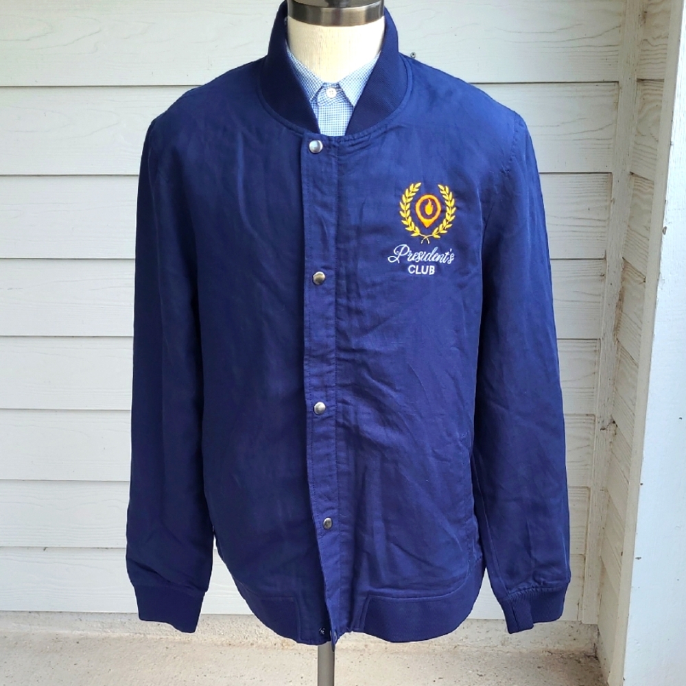 NORDSTROM‎ Dark Blue Linen Tencel Blend Mens XL Full Button Bomber Jacket NEW